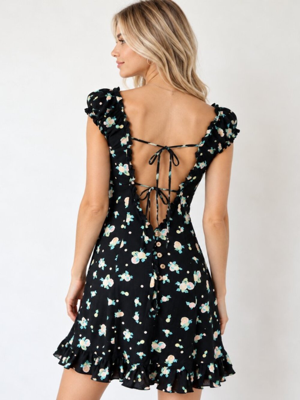 Free People Like A Lady Black Linen Citrus Open Tie Back Mini Ruffle Dress XS